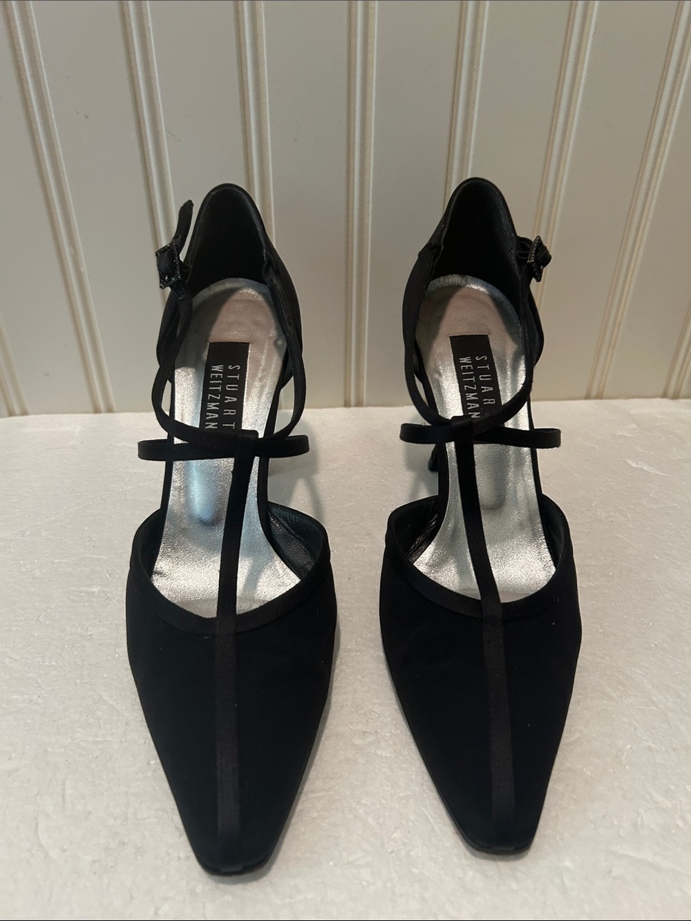Stuart Weitzman Black T-Strap Pointed Toe Pumps Heels w/ bling buckle size 8